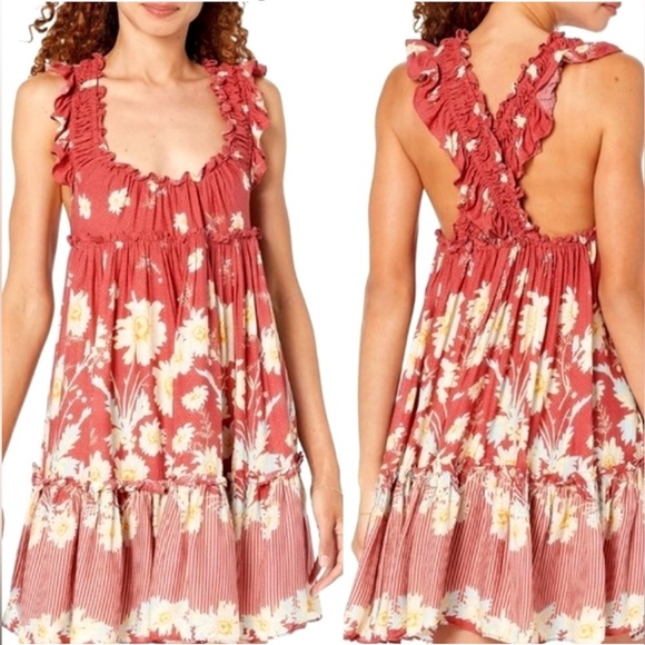 Free People Sz M Burgundy Red Renaissance Wild Daisy Slip Mini Dress Sleeveless